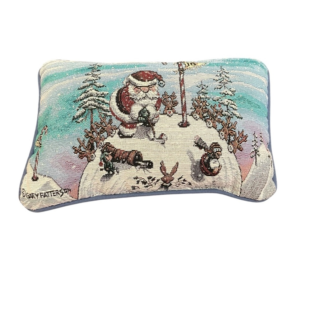 Needlepoint Christmas Santa blue holiday decorative pillow Gary Patterson